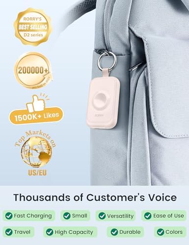 Compact RORRY 2500 m Ah Portable Charger for Apple Watch – Fast Charging Power Bank with Built-in USB-C Cable, Ideal Travel Companion for Series 10, 9, 8, 7, 6, 5, Ultra 2, and SE, Stylish Pink Design for On-the-Go Charging and Enhanced Device Compatibility