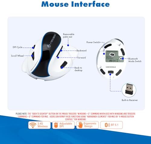 Elevate Your Comfort and Efficiency with the J-Tech Digital Wireless Ergonomic Mouse – Dual Mode Bluetooth & USB Connectivity, Rechargeable, Adjustable DPI Up to 3200 for Laptops, Desktops, PCs, and Macs – Sleek White Design for Modern Workspaces