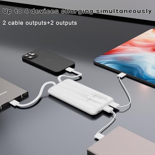 Ultra-Slim 10000 m Ah Power Bank with Integrated Cables – Rapid Charge Portable Charger for i Phone 15/16, Samsung & Android – 4 Device Outputs with Smart LED Display – Lightweight Travel Companion with Advanced Safety Features