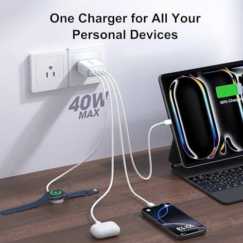 40 W USB-C Power Hub Duo: Versatile Fast Charging Station with 4 Ports for i Phone, i Pad, Air Pods & Apple Watch – Compact Travel Charger with Safety Features for Efficient Device Charging
