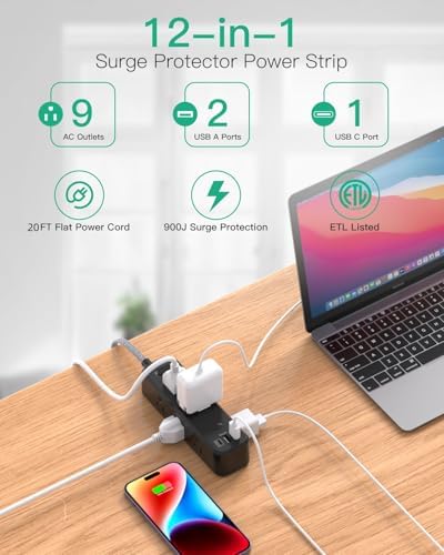 10 ft Power Strip with Surge Protection – 9 Outlets and 3 USB Ports for Fast Charging – Versatile Extension Cord for Home, Office, and Dorm Room – Safe and Efficient Multi-Device Management – Durable and Compact Design for Everyday Use