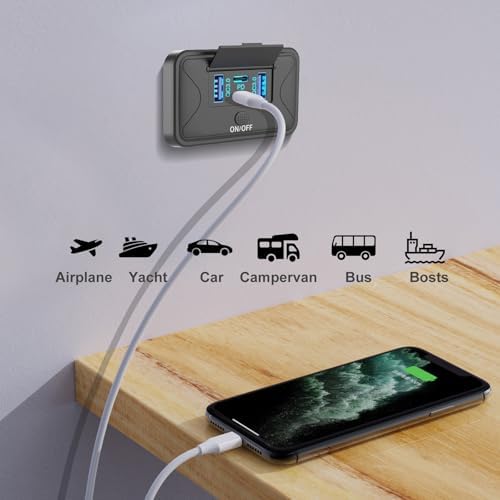 4 Port 12 V USB Outlet Wall Mount Charger – 2 Pack 78 W Fast Charging Solution with Dual PD & QC3.0 Ports, Ideal for RVs, Trucks, Marine Use & Golf Carts – Lightweight Design with Energy-Saving Button Switch for Ultimate Convenience and Compatibility
