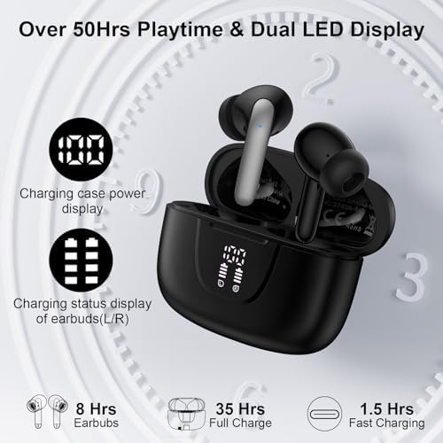 Advanced Bluetooth 5.3 Waterproof Earbuds – Unmatched 60-Hour Battery Life for Active Lifestyles – Seamless Compatibility with Samsung Galaxy S25/S24/S23/S22 & i Phone 16/15/14 – Real-Time LED Battery Indicator and Built-In Microphone for Enhanced Communication – Ergonomic Fit for Comfort During Workouts and Daily Use