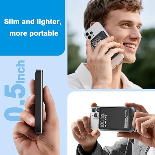 Magnetic Ultra-Slim 10000 m Ah Wireless Power Bank for i Phone 12-16 Series – Fast 15 W Charging with Compact USB-C Design for Ultimate Portability and On-the-Go Convenience – Ideal for Outdoor Use and Daily Power Needs