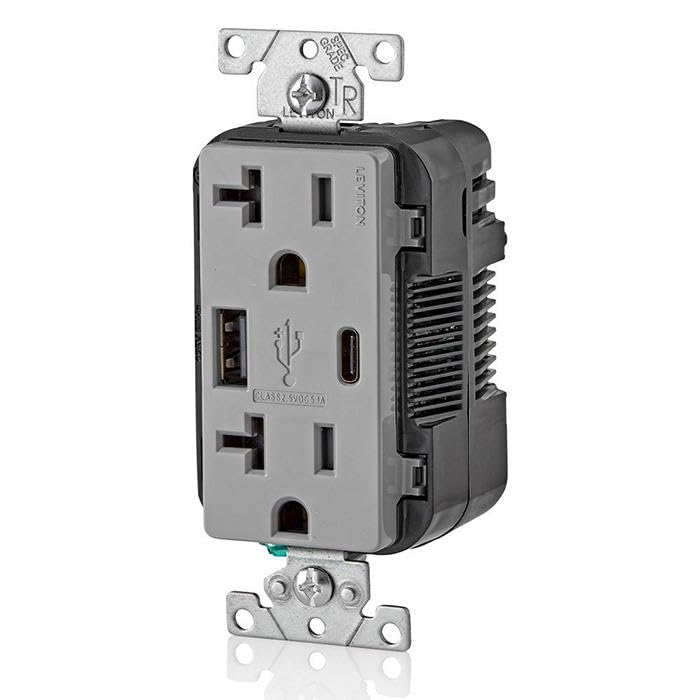 Leviton Dual USB In-Wall Charger with 20 A Tamper-Resistant Outlet – Type A & Type-C Compatibility for Smartphones and Tablets, Light Almond Finish – Streamlined Charging Solution for Home and Office Spaces