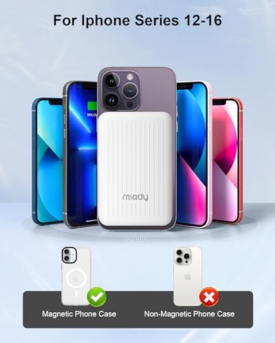 Miady Ultra-Lightweight Mag Safe-Compatible Mini Power Bank – 5000 m Ah Slim Rechargeable Charger with Strong Magnetic Attachment for i Phone 12/13/14/15/16 – Fast USB-C Recharging & Reliable Wireless Charging with Battery Level Indicators for On-the-Go Convenience
