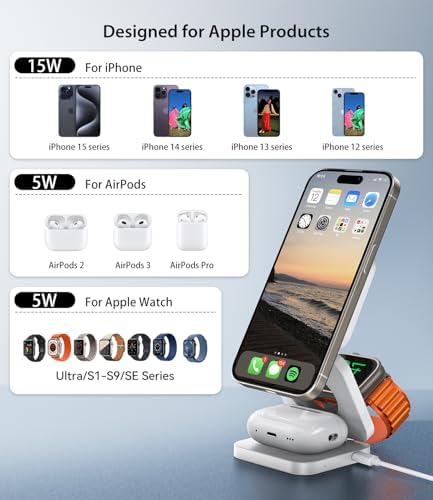 Magnetic 3-in-1 Wireless Charging Station for i Phone 15/14/13/12 Pro Max, Apple Watch 9/8/7/6/5/4/3/2 SE, and Air Pods Pro 3/2 – Fast, Portable, and Stylish Charger for All Your Apple Devices (Black) – Ultimate Charging Convenience with Enhanced Compatibility and Foldable Design
