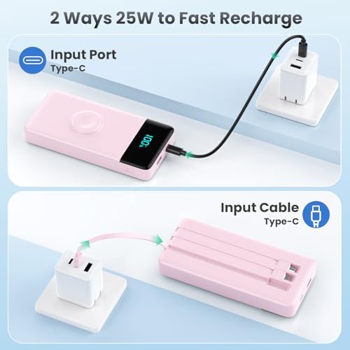 High-Capacity 10800 m Ah Portable Power Bank with Integrated Charging Cables & Wireless Apple Watch Dock – 25 W Quick Charge Solution for i Phone 16/15/14/13/12 & Android Devices – Sleek Pink Design for Effortless Travel – Enhanced Safety Features for Optimal Device Protection
