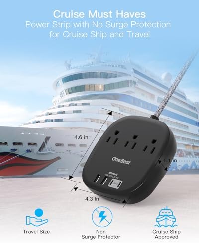10 Ft Flat Plug Power Strip with 3 AC Outlets & 4 USB Ports, Ideal Desktop Charging Station for Cruise Ships & Dorms – Compact Design & Fast Charging for Multi-Device Use