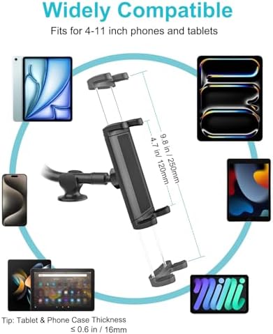 Universal Car Tablet Holder with 360° Rotation – Flexible Gooseneck Suction Cup Mount for i Pad, Galaxy Tab & 4-11″ Devices – Secure Dashboard & Windshield Installation for Navigation & Streaming Convenience