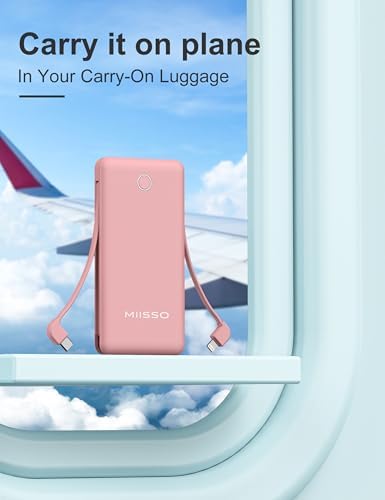 miisso 10000 m Ah Ultra-Slim Portable Power Bank with Integrated Charging Cables – Multi-Device USB-C Travel Charger for i Phone & Samsung – Compact, Lightweight Battery Pack Designed for Maximum Portability and Efficiency