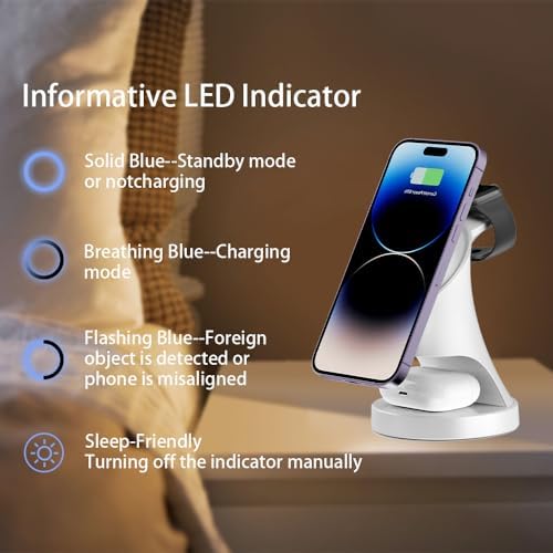 Magnetic 3-in-1 Wireless Charger Stand for i Phone 16/15/14/13/12, Apple Watch & Air Pods Pro – Fast Charging Dock with Intelligent Safety Features and Sleek Design for Effortless Device Organization