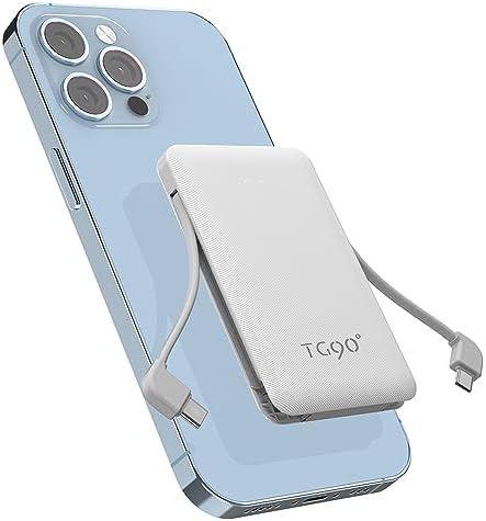 TG90° 6000 m Ah Mini Power Bank with Built-in Cables – Ultimate Portable Charger for Travel and Everyday Use, Fast Charging Compatibility for USB-C and Lightning Devices, Compact Design for On-the-Go Connectivity, LED Battery Indicator