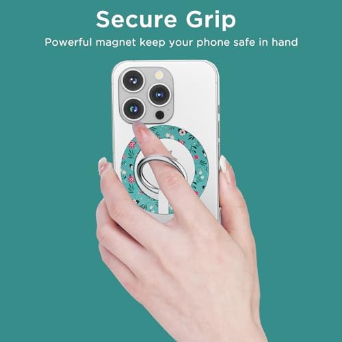 for MagSafe Phone Grip, Magnetic Phone Ring, Compatible with MagSafe Ring Holder with Adjustable Stand for iPhone 15/14/13/12 Series, Floral Green – Enhanced Compatibility and Speed