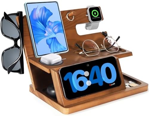 Elevate Your Charging Game: 3-in-1 Wooden Charging Station for i Phone 16, Compatible with Apple Watch and Air Pods – Perfect Father’s Day Gift for Dads, Husbands, and Sons – Sleek Nightstand Organizer with Enhanced Speed and Style
