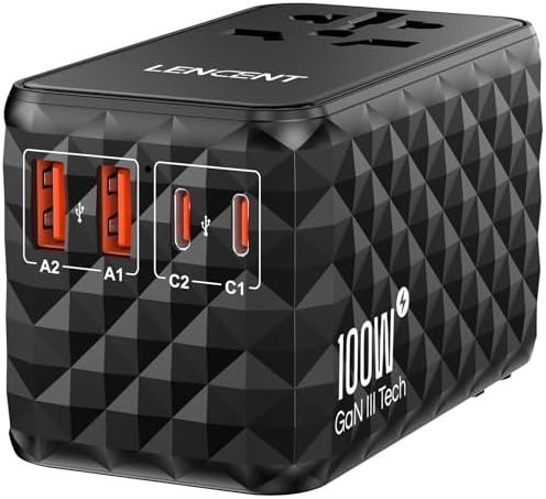 85 W Universal Travel Power Adapter with Retractable USB-C Cable – Optimal Fast Charging Hub for Global Use, Featuring 4 Ports for Seamless Connectivity in US, EU, UK & Beyond, Engineered for On-the-Go Professionals Seeking Efficiency and Versatility