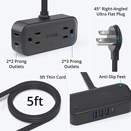 Compact TROND Travel Power Strip with USB Charging Ports – 5 ft Flat Plug Extension Cord for Seamless Device Connectivity in Dorm Rooms and Offices – Essential Travel Adapter for Multiple Outlets and Enhanced Compatibility