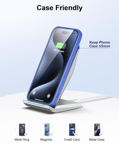NANAMI 15 W Qi Certified Fast Wireless Charger Stand – Ergonomically Designed for i Phone 16/15/15 Pro/Plus/Max & Samsung Galaxy S25/S24/S23/S22/S21 – Ultra-Fast Charging with Advanced Safety Features for All Qi-Compatible Devices – Sleek, Space-Saving Solution for Effortless Charging at Home or Office