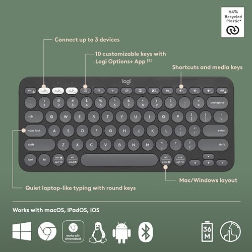 Logitech Pebble Keys 2 K380 s: Versatile Multi-Device Bluetooth Wireless Keyboard with Customizable Shortcuts, Slim & Portable Design for Ultimate Productivity Across Windows, mac OS, i Pad OS, Android, and Chrome OS – Tonal Graphite Finish for Style and Comfort