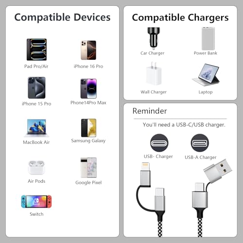 16 FT 4-in-1 USB C Charging Cable – Fast 60 W Lightning, Type C & USB A Compatibility for i Phone 15/14/13/12, Mac Book, i Pad & Samsung – Ultimate Versatile Charging & Data Transfer Solution for On-the-Go Power Users