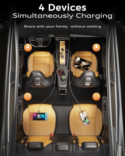 Ultimate i Phone Car Charger – Retractable Fast USB-C Adapter with Dual 30-Inch Cables & Multi-Port USB Connectivity for Enhanced Speed and Compatibility | 4-in-1 Cigarette Lighter Solution for i Phone 16/15/14/13/Pro Max | Efficient Travel Charging Accessory