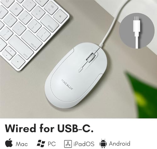 Ergonomic Macally Wired USB C Mouse – Precision Optical Sensor with Adjustable DPI (800/1200/1600/2400) for Seamless Mac & Windows Experience – Compact, Ambidextrous Design for Left and Right-Handed Users – Effortless Navigation with 3 Buttons & Scroll Wheel – Perfect Travel Companion for Enhanced Productivity