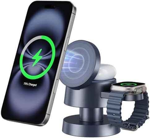 Ultimate 3-in-1 Wireless Charging Hub with Integrated Night Light – Fast 15 W Charger for i Phone 16/15/14 & Air Pods, 2.5 W Apple Watch Ultra Compatible with Foldable Magnetic Stand for Optimal Viewing – Perfect for Home or Office Use