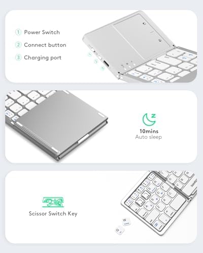 Samsers Portable Bluetooth Keyboard with Touchpad – Ultra-Slim Foldable Wireless Keyboard for Effortless Typing on Android, Windows, and i OS Devices – Rechargeable, Travel-Friendly Design with Device Holder – Black
