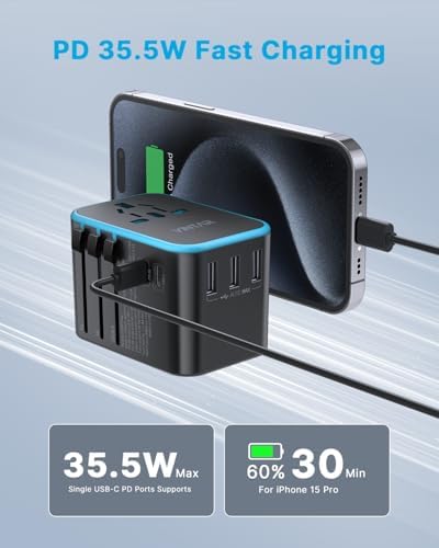 VINTAR Universal Travel Adapter: All-in-One Power Converter with 6 A Output, 3 USB-C and 2 USB Ports for Fast Global Charging Across Europe, UK, USA, and Australia – Essential Travel Accessory for Effortless Device Connectivity and Safety Features