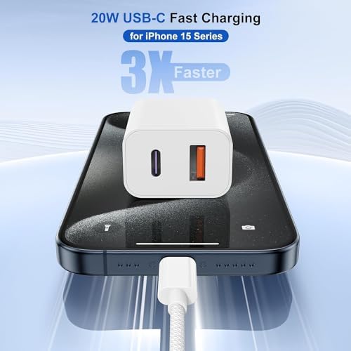 Dual-Port 20 W USB-C Rapid Charger for i Phone 15 Series – High-Speed Charging Adapter with 6 ft & 10 ft Cables – Travel-Friendly Compact Wall Charger for i Pad Pro, Air Pods, and More – Enhanced Safety and Versatile Compatibility for Daily Use