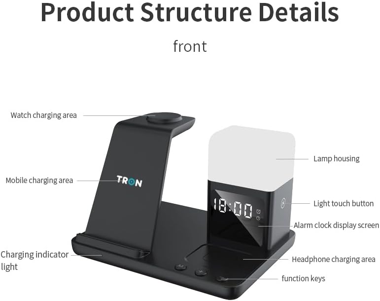 Tron 6-in-1 Wireless Charger: Fast Charging Solution for i Phone, Apple Watch & Air Pods with Integrated Lamp & Clock – Advanced Qi Compatibility, Sleek Design, and Safety Features for Ultimate Convenience