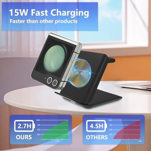 Portable 2-in-1 Fast Charging Station for Samsung Galaxy Z Flip Series – Foldable Wireless Charger with Enhanced Compatibility for Galaxy S, Note, and Watch – Ideal Travel Companion with Adapter Included – Sleek Black Design for Effortless Power on the Go