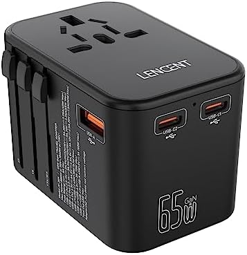 LENCENT 70 W Universal Travel Adapter – High-Efficiency Ga N Fast Charger with Triple PD3.0 Type-C Ports & Dual QC USB-A Outlets for Global Power Needs – Compact Power Converter Compatible with EU, USA, UK, AU Devices – Perfect for Laptops, Phones & Tablets on the Go