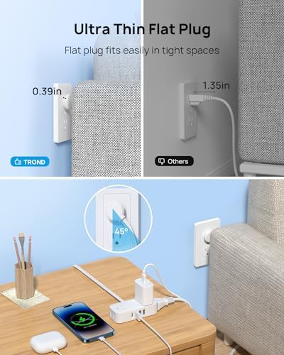 Compact TROND Travel Power Strip with USB Charging Ports – 5 ft Flat Plug Extension Cord for Seamless Device Connectivity in Dorm Rooms and Offices – Essential Travel Adapter for Multiple Outlets and Enhanced Compatibility