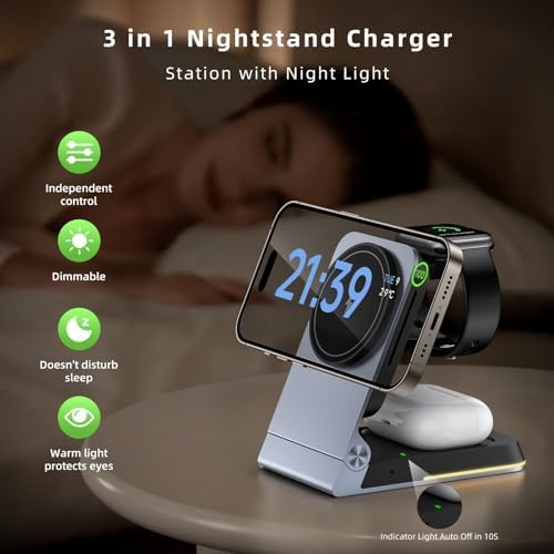 Premium Aluminum 3-in-1 Foldable Wireless Charger Station – Fast Magnetic Charging Dock for i Phone 16/15/14/13/12, Apple Watch & Air Pods with Touch Night Light – Portable Travel Charger with 20 W PD Adapter & Waterproof Case – Ideal Gift for Home, Office & On-the-Go Use