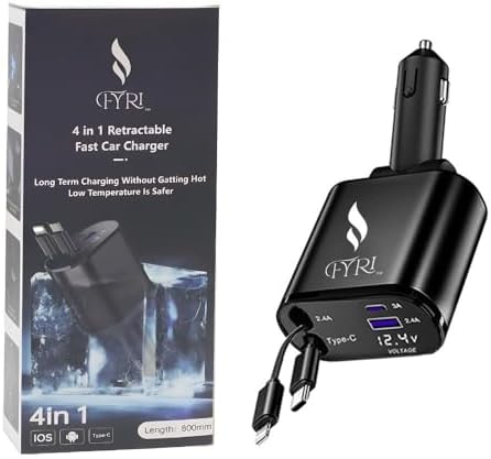 Ultimate 4-in-1 Retractable Car Charger – 66 W Fast Charging Solution with Dual 2.6 ft Cables & USB Port for Seamless Device Compatibility – Perfect for i Phone 16/15/14/13/12/11, Galaxy, Pixel, i Pads (2025) – Compact, Durable, Tangle-Free Design for On-the-Go Power