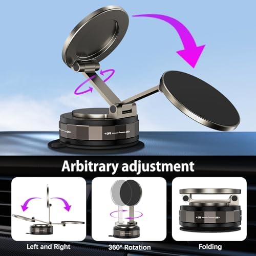 DUEDUE Vacuum Magnetic Suction Cup Phone Mount, 360° Adjustable Magnetic Phone Holder, Pocket Size Foldable Portable Cell Phone Holders for Your Car for All Smartphones & All Car Models Black – Enhanced Compatibility and Speed