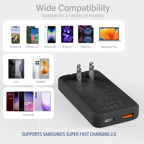 Compact Dual-Port 45 W USB C Power Adapter | Ultra-Slim Ga N Technology Fast Charger with 3.28 ft Cable for Laptops, Tablets, and Smartphones | PD 3.0 Compatible, Travel-Friendly, and Efficient Charging Solution for On-the-Go Users