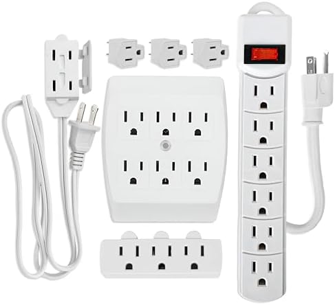 Comprehensive 7-Piece Multi-Outlet Power Management Kit – Versatile 6 Outlet Power Strip, Dual Outlet Extenders, 5 Ft Indoor Extension Cord & 3 Prong Adapters for Enhanced Compatibility – Essential Home & Office Surge Protection Solution in Sleek White Design