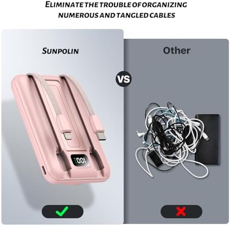 Ultra-Fast 10000 m Ah Portable Power Bank with Built-In Cables – Magnetic Wireless Charging for i Phone, Samsung, Android, Apple Watch & Air Pods – Sleek Gold Pink Design for Effortless On-the-Go Charging