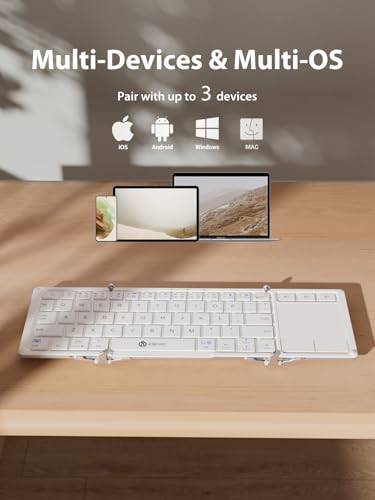 Ultra-Portable i Clever Bluetooth Keyboard with Touchpad – Sleek Foldable Design, Durable Metal Body, USB-C Charging, Multi-Device Compatibility for i Pad, i Phone, Android & Windows – Perfect for Travelers and Professionals in Silver White