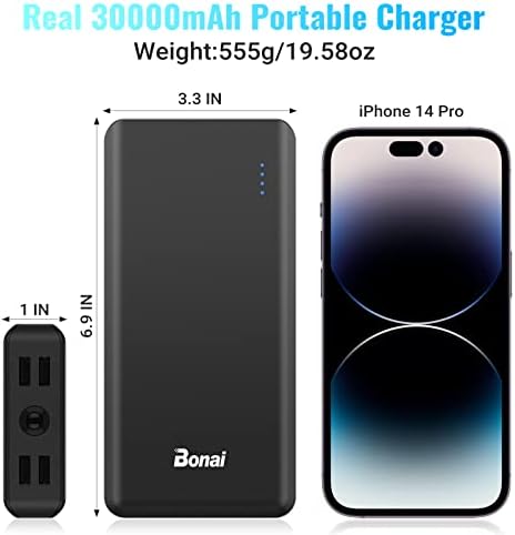 BONAI 30000 m Ah Portable Power Bank – High-Capacity External Charger with Dual USB Outputs, Built-in Flashlight & 8-Pin Cables for Fast Charging on the Go – Ideal for i Phone, Android, and i Pad Users – Reliable Power Solution for Travel and Daily Use in Green