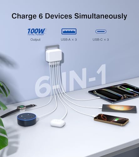 Ultra-Fast 100 W Ga N USB-C Charging Station with 6 Ports – Compact Wall Adapter for i Phone 16/15/14/13 Pro Max, i Pad, Samsung, Pixel, LG – High-Speed Multi-Device Charger with Smart Safety Features – Travel-Friendly Power Hub for Effortless Charging