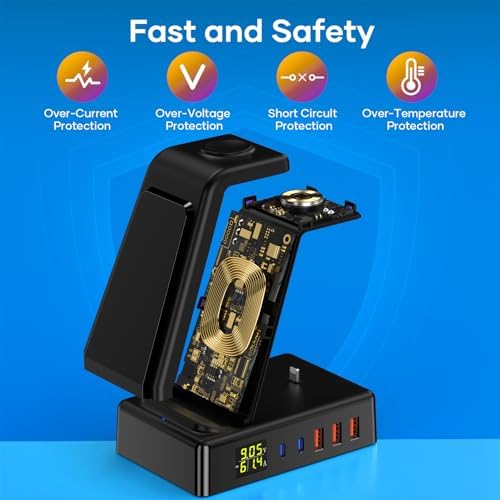 Ultimate 8-in-1 Wireless Charging Hub – 100 W Multi-Device USB Charger with PD 30 W & QC 3.0 Fast Charging, Digital Display, Compatible with i Phone, i Watch, Air Pods Pro, Smartphones, Tablets, Headphones & Game Controllers – Compact & Efficient Power Solution in Sleek Black for Home or Office Use