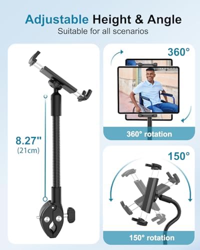 Versatile 360° Gooseneck Tablet Holder with Adjustable Arm for Wheelchairs, Strollers, Spin Bikes, and More – Secure Clamp Mount for 4-13″ Devices Including i Pad Pro, Galaxy Z Fold, and Fire HD – Ultimate Hands-Free Experience for Active Lifestyles