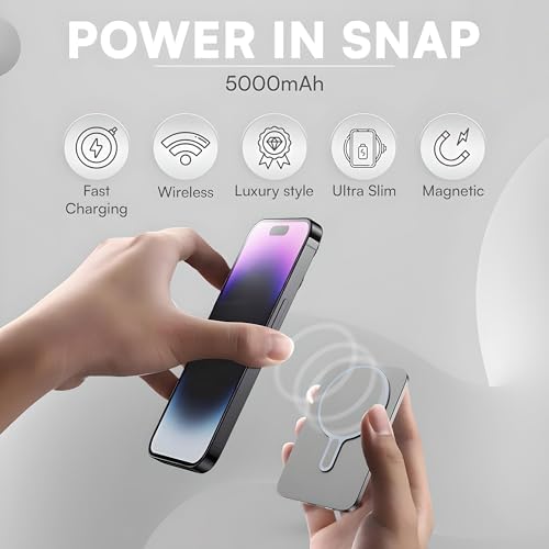 Ultra Slim Magnetic Power Bank for i Phone 16/15/14/13/12 – Fast Wireless Charger with 5000 m Ah Capacity, Mag-Safe Compatible, Lightweight Design for On-the-Go Charging, Perfect for Daily Use and Emergencies