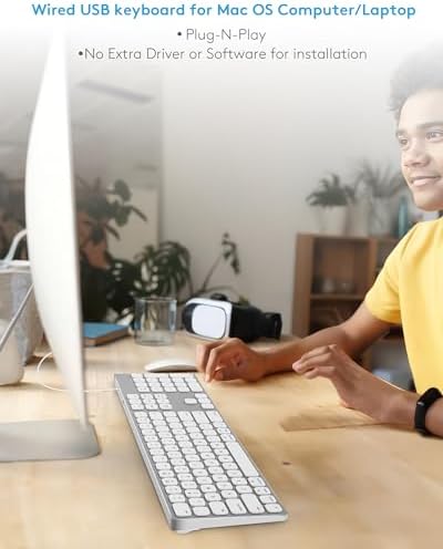 Sleek Aluminum USB Wired Keyboard with Numeric Keypad for Mac & PC – Effortless Data Entry, Plug-and-Play Convenience, and Enhanced Durability for Ultimate Typing Comfort