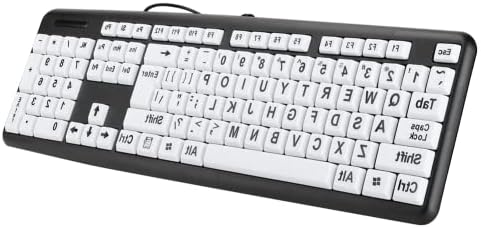 Large Print 104 Keys USB Wired Keyboard for Seniors and Visually Impaired – High Contrast Black & White Keys for Enhanced Visibility and Comfort – Ideal Computer Accessory for Low Vision Users
