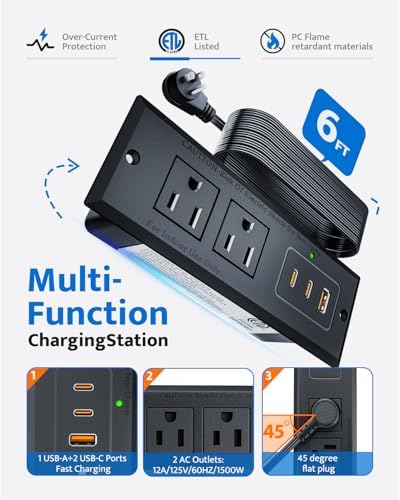 Sleek Recessed Power Strip with 20 W USB-C Fast Charger & USB-A Port – Space-Saving Desk Outlet for Effortless Device Charging, 6 ft Cord & 45° Slim Plug for Easy Access in Furniture – Ideal for Home Office and Conference Rooms