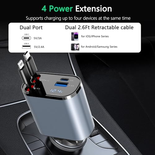 Ultimate 4-in-1 Retractable Car Charger Adapter – 100 W Fast Charge Solution for i Phone 15/14/13 Pro Max, Galaxy & Pixel – Tangle-Free 2.6 ft Cables for Multi-Device Compatibility and Convenient On-the-Go Power